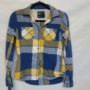 American Eagle Outfitters Women's Blue and Yellow Checkered Button. 100% Cotton